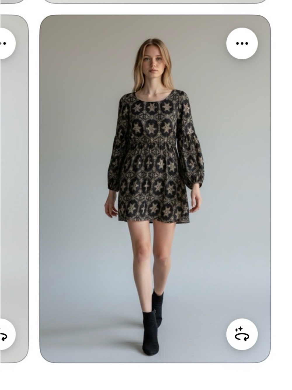 Sage Black and Beige Printed Smocked-Waist Mini Dress